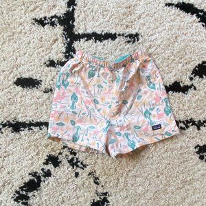 Patagonia kid's Baggies shorts in pink/teal pattern, size 5T